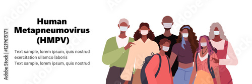 Human metapneumovirus (HMPV). African American family with children, mother, father, grandfather and grandmother wear Medical Masks. Virus and disease prevention. Vector illustration. Not AI generated