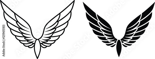 Pair of stylized wings black and white feathered designs