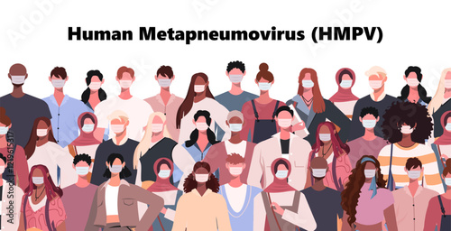 Human metapneumovirus (HMPV). Group of people wearing medical masks to prevent disease, flu, virus, air pollution. Medical health concept. Vector illustration. Not AI generated