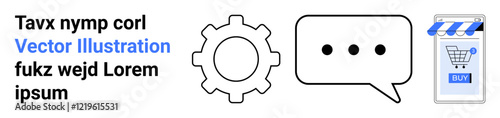 Gear icon, speech bubble with three dots, shopping cart on smartphone, and placeholder text. Ideal for digital marketing, e-commerce, tech support, online stores, mobile apps, presentations. Landing