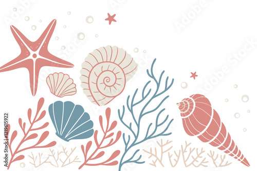 Colorful seashells, pastel color palette, hand-drawn style, marine life illustrations, starfish, conch shells, sea urchins, scallop shells, spiral shells, coral pink, soft blue, muted orange, beige