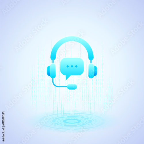 Business icon. Blue headset with a microphone and speech bubble, symbolizing communication and assistance. Perfect for customer support, call centers, and technical help. Enhances user experience