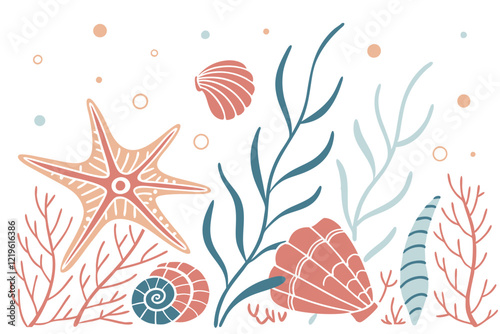 Colorful seashells, pastel color palette, hand-drawn style, marine life illustrations, starfish, conch shells, sea urchins, scallop shells, spiral shells, coral pink, soft blue, muted orange, beige