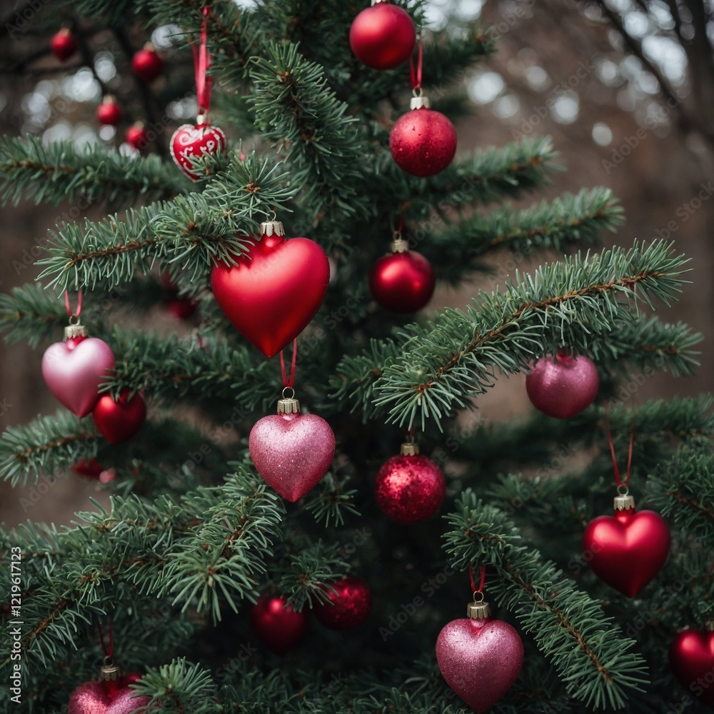 Fototapeta premium A Valentine’s Day tree with red and pink heart-shaped ornaments.