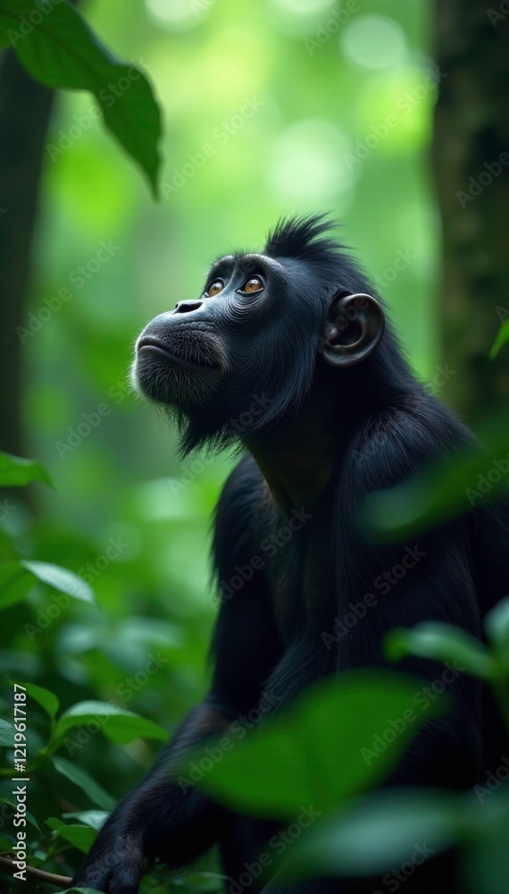 Obraz premium Large primate looks up through dense foliage with curiosity, curious, jungle, explore