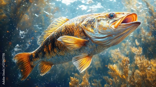 A realistic depiction of a bass fish swimming underwater, photo