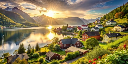 Vintage Sunny Summer in Lofthus, Hardangerfjord, Norway: Scenic Fjord Countryside View photo