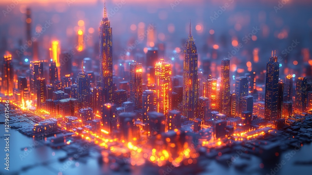 Fototapeta premium Aerial view of a cityscape illuminated in vibrant green hues,