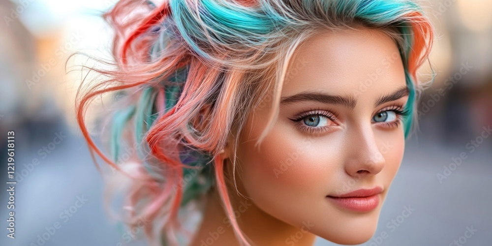 Naklejka premium Young caucasian female with colorful hair and bright makeup in urban setting