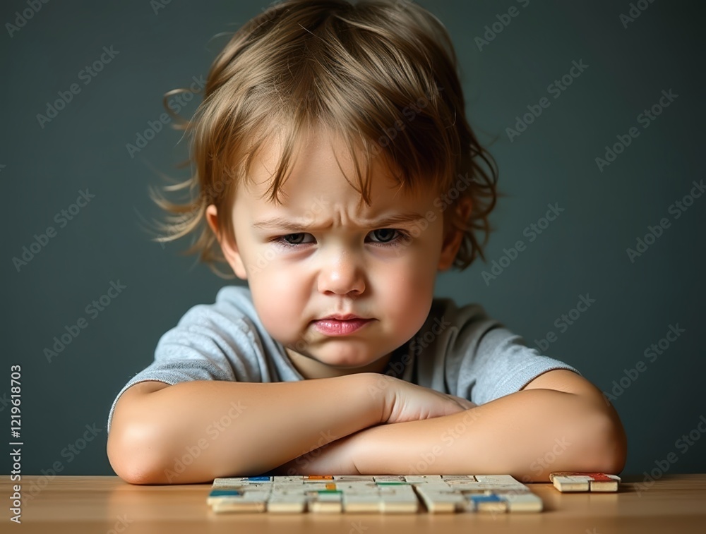 Frustrated child trying to solve a puzzle, furrowed brow and crossed arms Frustrated child trying to solve a puzzle, furrowed brow and crossed arms