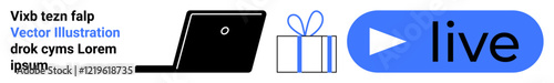 Text, a laptop, a gift box, and a live button with a triangle play icon highlight online engagement. Ideal for virtual events, e-commerce, live streaming, online gifting, webinars digital marketing