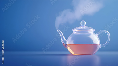 An elegant glass teapot filled with steaming herbal tea, sitting against a calming blue background. Perfect for tea lovers and those seeking relaxation. photo