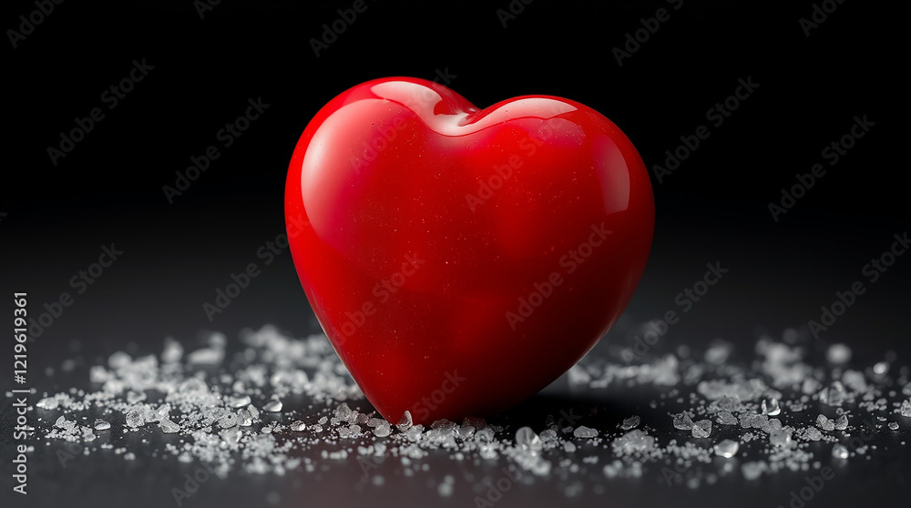 Red heart on black background with snow Red heart on black background with snow