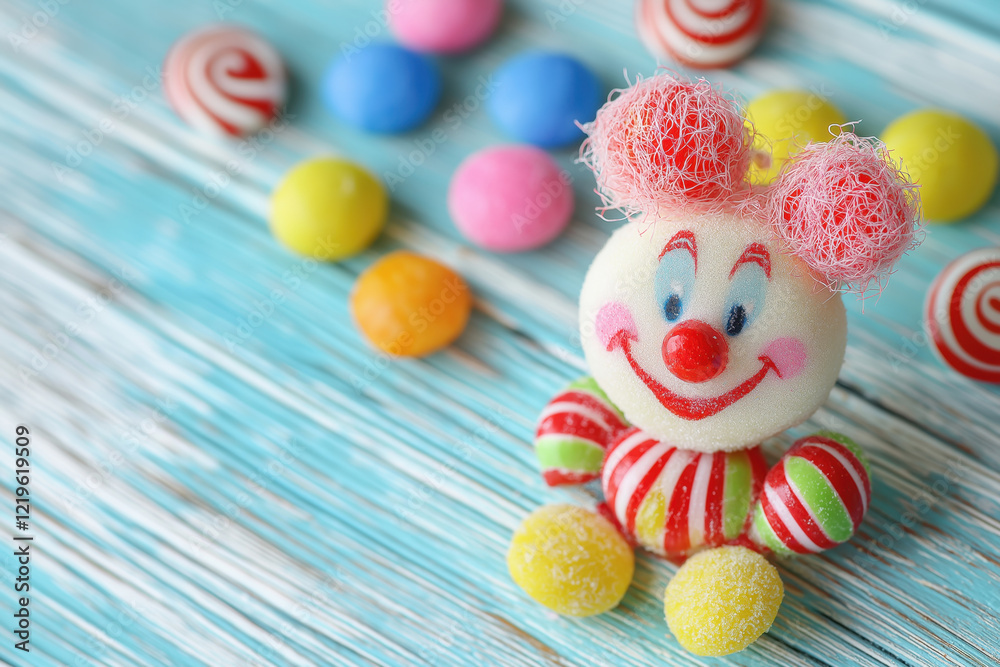 Obraz premium Clown toy and candies. Clown toy for Jewish holiday Purim, on blue background with colorful candies.