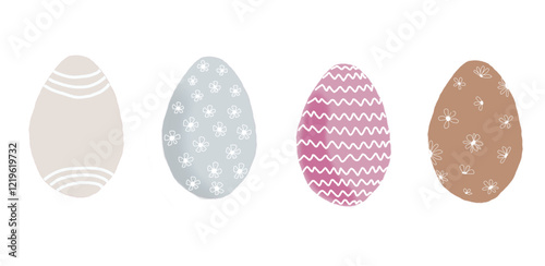 Set of Easter eggs for drawing. A collection of flat pictures with a happy Easter egg in pastel and multi-colored colors for the traditional holiday. illustration elements of flat oval shape.