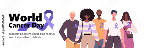 World Cancer Day. Young group of people with a purple ribbons. Health awareness vector template for banner, card, poster, flyer, brochure, presentation, social media, background. Not AI generated