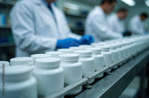 Laboratory of dietary supplements and medicine, production line, pharmacist at work, plastic container mockup 