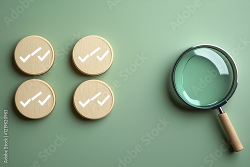 Wooden buttons with check marks show quality assurance. Magnifying glass focuses on certificate details. Design high standards for good service, client satisfaction. Business, ISO certification, photo