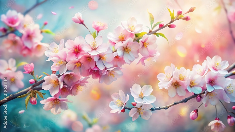 Obraz premium Watercolor Cherry Blossoms Spring Floral Art with Copy Space - Perfect for Greeting Cards and Spring Designs