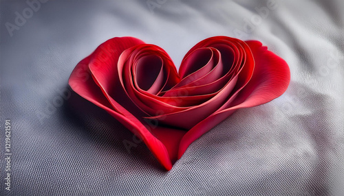 a curled red rose petal in the shape of a heart placed on pale gray fabric photo