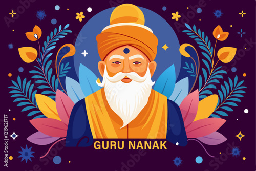 happy Guru Nanak Jayanti festival greeting card design. India Hindu Sikh celebrating birthday of Guru Nanak Dev. photo