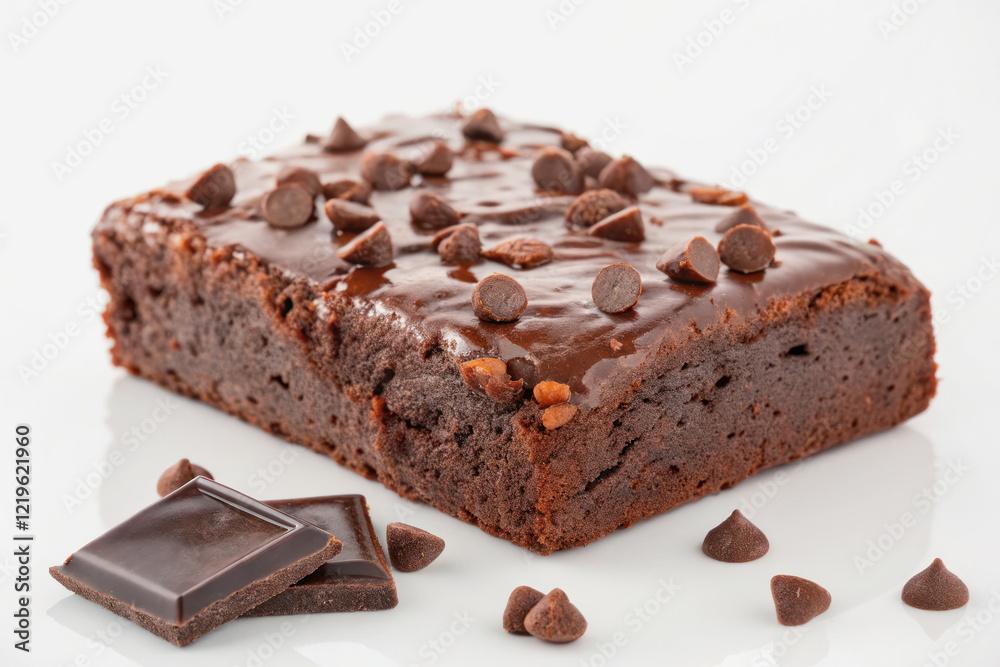 Delicious chocolate brownie with chocolate chips on white background Delicious chocolate brownie with chocolate chips on white background