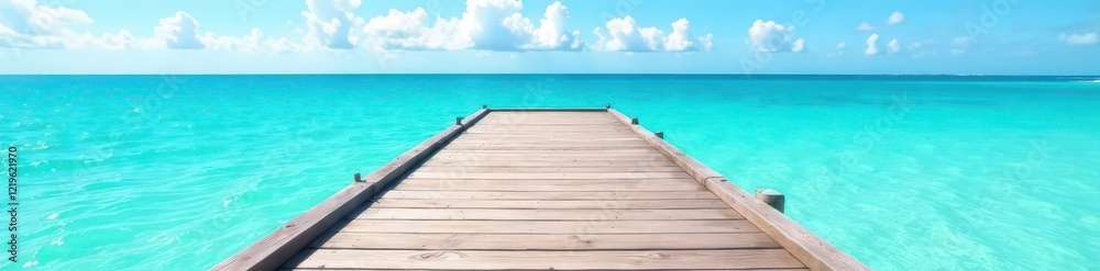 Rustic wooden dock extends over serene blue ocean under clear sky , wooden dock, blue sea Rustic wooden dock extends over serene blue ocean under clear sky , wooden dock, blue sea