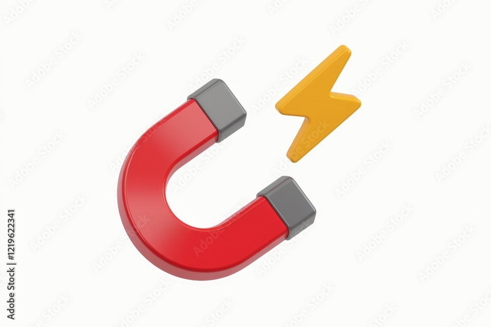 A red horseshoe magnet attracts a yellow lightning bolt, symbolizing powerful attraction and energy. A red horseshoe magnet attracts a yellow lightning bolt, symbolizing powerful attraction and energy.