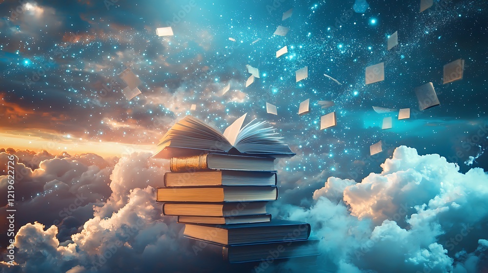 Knowledge drops falling from interconnected clouds including books quizzes and videos Knowledge drops falling from interconnected clouds including books quizzes and videos