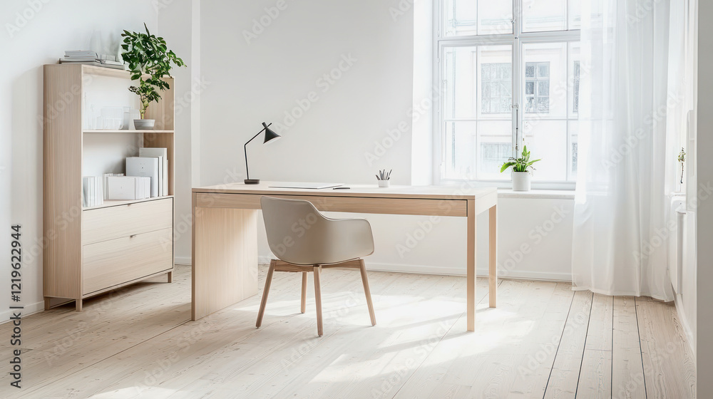 Fototapeta premium Bright and modern wooden home office with natural lighting