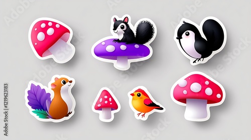 Adorable Cartoon Squirrels, Birds, and Mushrooms Stickers