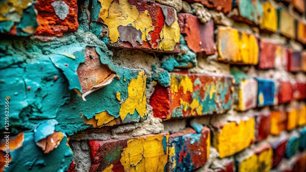 Fototapeta premium Weathered Brick Wall Texture: Close-Up of Peeling Paint and Aged Brickwork