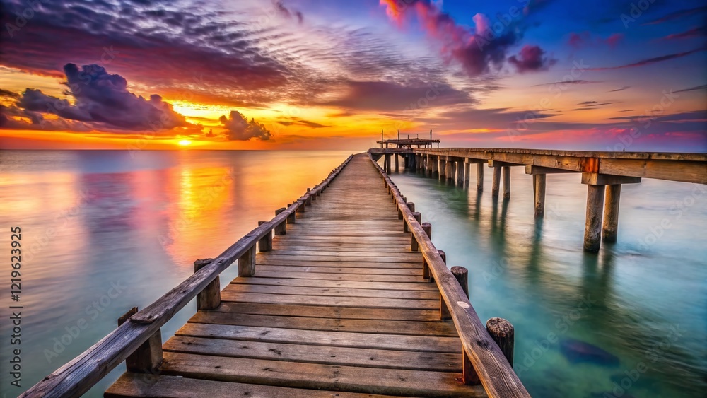 Fototapeta premium Weathered Wooden Sea Pier Extending into Calm Ocean at Sunset - Landscape Photography