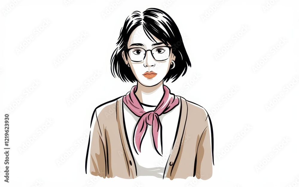 Stylish Girl with Glasses and Pink Scarf, Hand-Drawn Illustration Stylish Girl with Glasses and Pink Scarf, Hand-Drawn Illustration