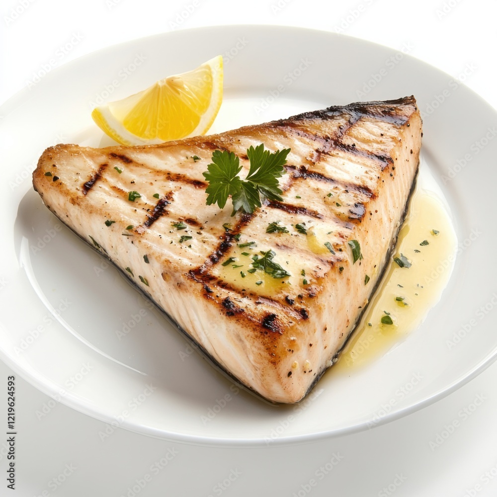 A mouthwatering grilled swordfish steak with lemon butter, isolated white background, surreal art style A mouthwatering grilled swordfish steak with lemon butter, isolated white background, surreal art style