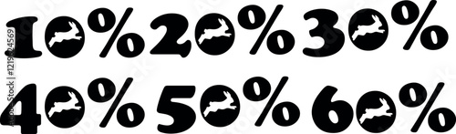 set of design numbers for Easter discounts with the shadow of a rabbit jumping instead of zero, for various posters or banners