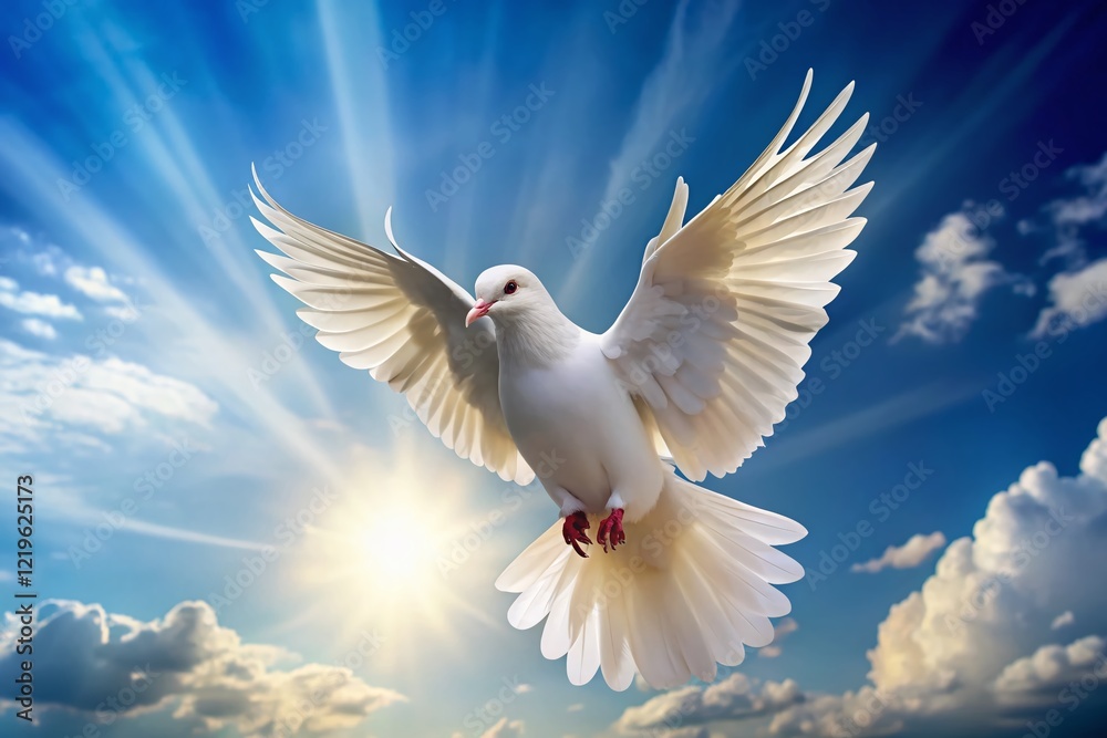 Obraz premium White Pigeon Soaring: Majestic Flight in Sunny Blue Sky - Stock Photo
