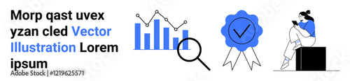 Magnifying glass examining bar graph, blue seal of approval with check mark, person reading book, placeholder text. Ideal for data analysis, quality assurance, research, education, certification