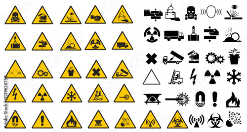 Safety Sign Symphony: A meticulously curated array of vital safety signs and hazard symbols, poised to safeguard and guide within industrial, occupational, and public spheres.