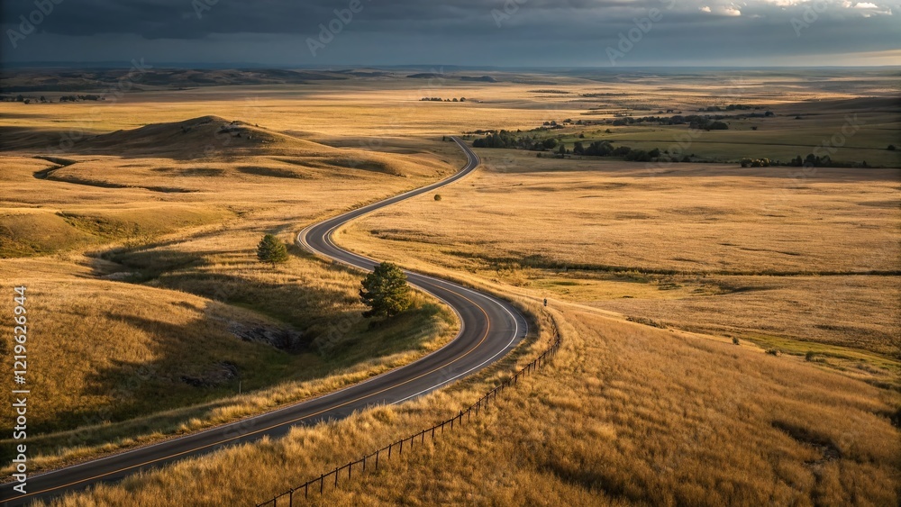 Fototapeta premium Wyoming Dry Grasslands Aerial Long Exposure: Scenic Highway Winding Through Golden Plains