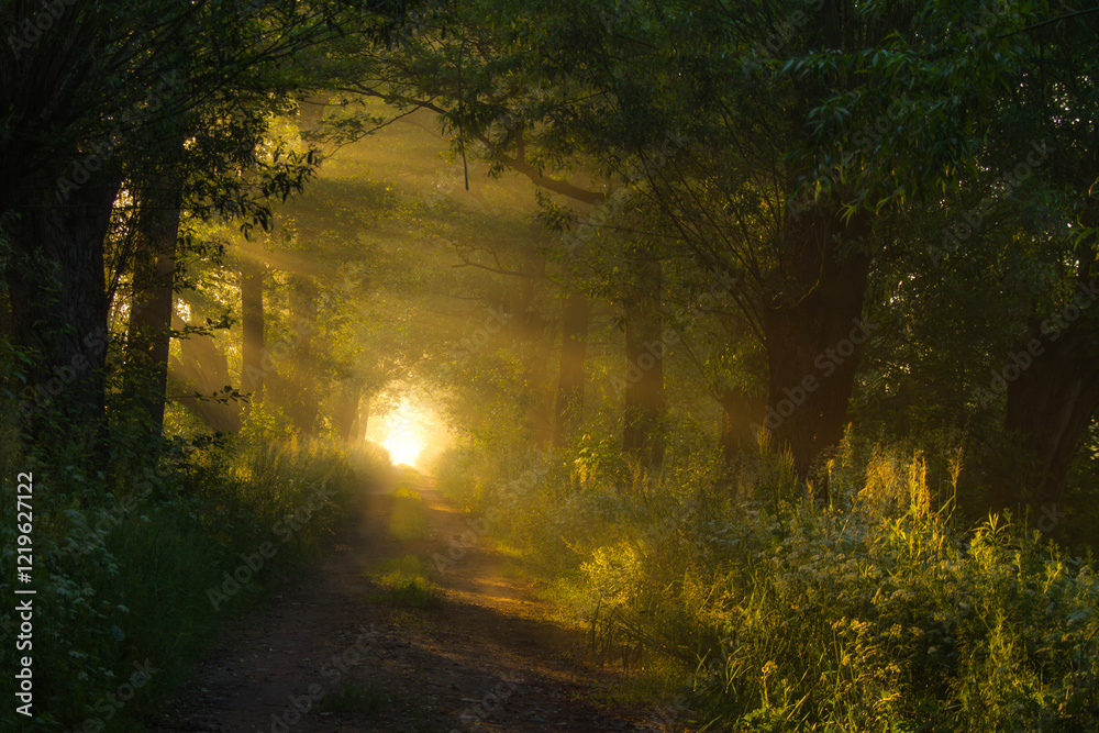 Naklejka premium Leśna droga o wschodzie słońca, droga w nieznane, światełko na końcu drogi,