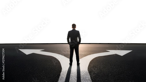Silhouette of a person standing at a crossroad, seen from behind, symbolizing the concept of choice on a white background. This image conveys the essence of decision making and direction.