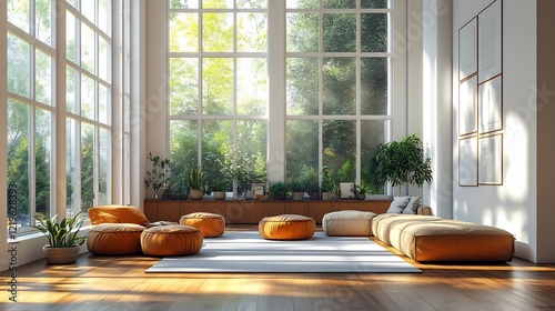 Fototapeta Naklejka Na Ścianę i Meble -  A vibrant interior scene of an open concept living space with minimalist furniture