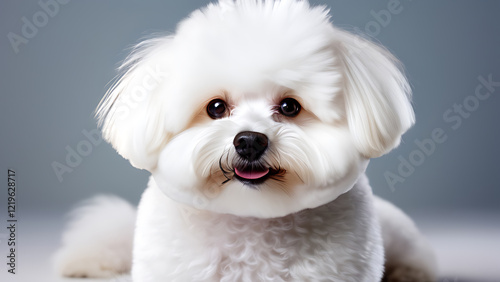 Fluffy Bichon Frise with a Soft White Coat, Bright Black Eyes, and Playful Expression, Posed Elegantly Against a Seamless White Background, Showcasing Its Adorable Features and Charming Personality.