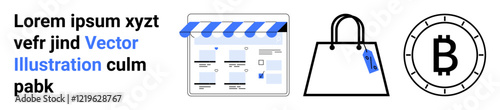 E-commerce webpage, online store with awning, shopping bag with tag, and Bitcoin cryptocurrency symbol. Ideal for digital shopping, online marketplaces, retail, cryptocurrency payments, e-commerce
