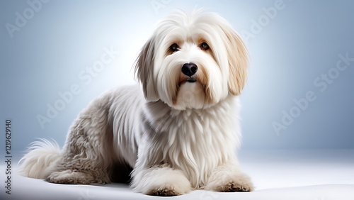 Majestic Bergamasco Dog with Distinctive Corded Coat and Expressive Eyes, Posed Elegantly Against a Seamless White Background, Showcasing Its Unique Appearance and Gentle Nature. photo