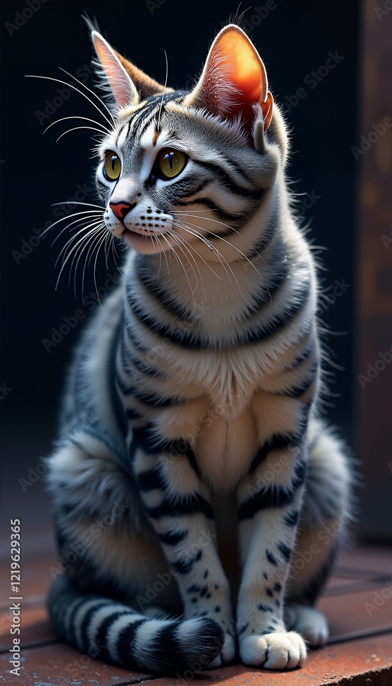 Fototapeta premium A cat with stripes sits on a brick floor