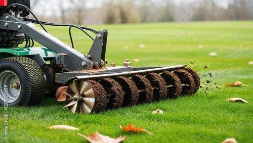 Lawn aerator machine working on green turf, creating soil holes for better growth