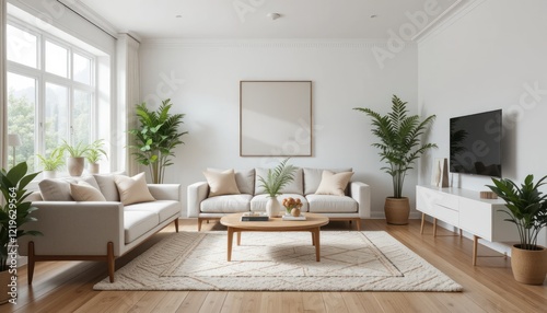 Wallpaper Mural Modern Scandinavian home interior design characterized by an elegant living room featuring a comfortable sofa, mid century furniture, cozy carpet, wooden floor, white walls, and home plants. Torontodigital.ca