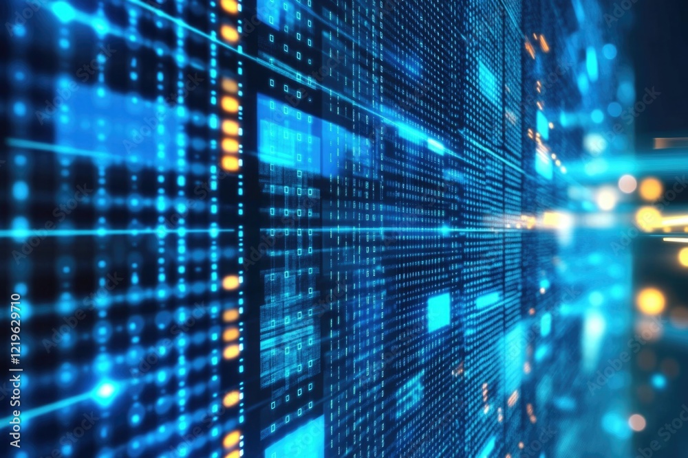 Fototapeta premium A dark room lit by a wall of blue and yellow neon lights, perfect for party or event atmosphere